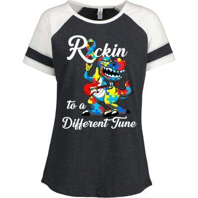 Rockin To A Different Tune Autism Dinosaur Enza Ladies Jersey Colorblock Tee