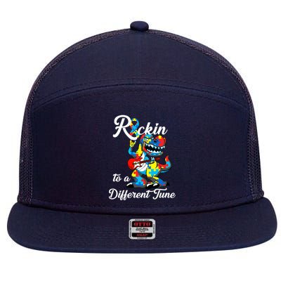 Rockin To A Different Tune Autism Dinosaur 7 Panel Mesh Trucker Snapback Hat