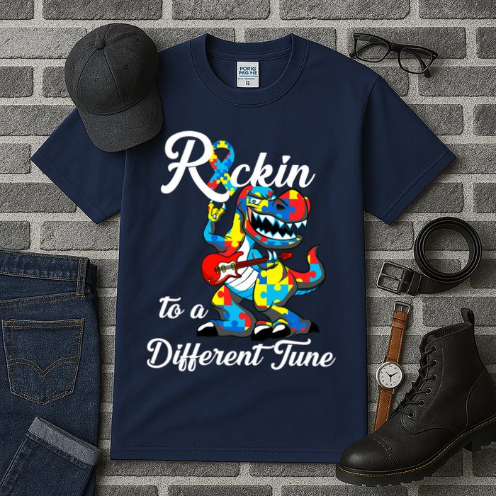 Rockin To A Different Tune Autism Dinosaur Tall T-Shirt