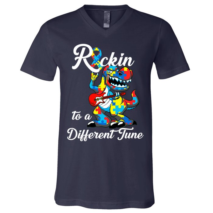 Rockin To A Different Tune Autism Dinosaur V-Neck T-Shirt