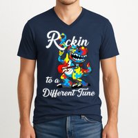 Rockin To A Different Tune Autism Dinosaur V-Neck T-Shirt