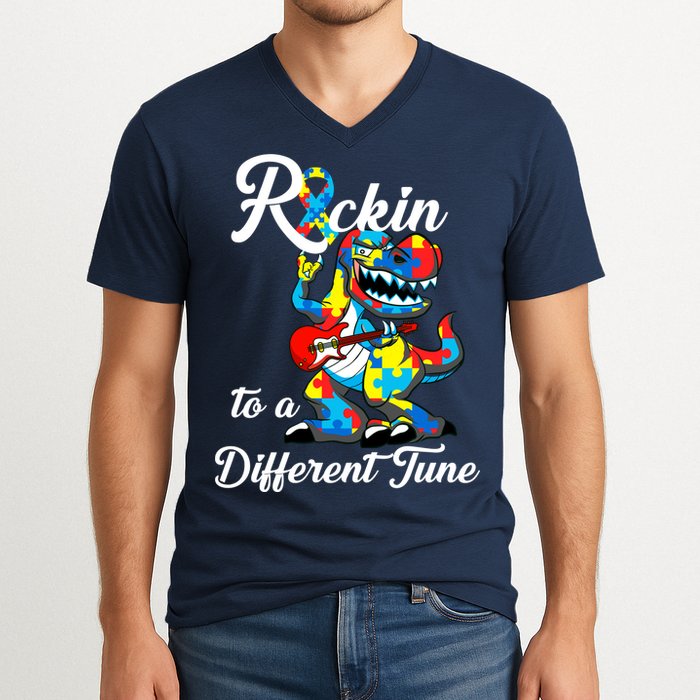 Rockin To A Different Tune Autism Dinosaur V-Neck T-Shirt