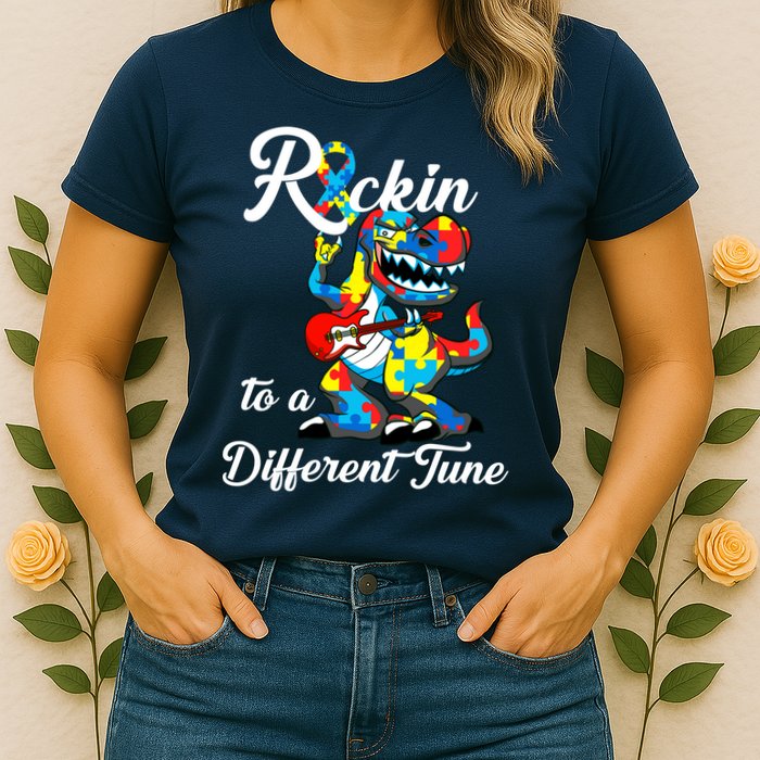 Rockin To A Different Tune Autism Dinosaur Womens T-Shirt