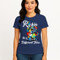 Rockin To A Different Tune Autism Dinosaur Womens T-Shirt