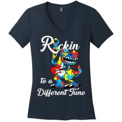 Rockin To A Different Tune Autism Dinosaur Women's V-Neck T-Shirt