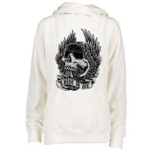 Ride Or Die Biker Skull And Winged Wheel Womens Funnel Neck Pullover Hood