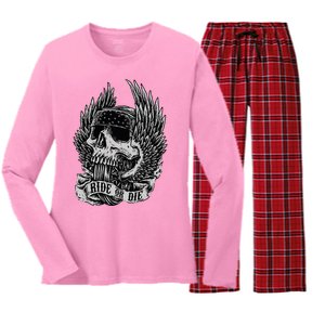 Ride Or Die Biker Skull And Winged Wheel Women's Long Sleeve Flannel Pajama Set 