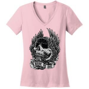 Ride Or Die Biker Skull And Winged Wheel Women's V-Neck T-Shirt