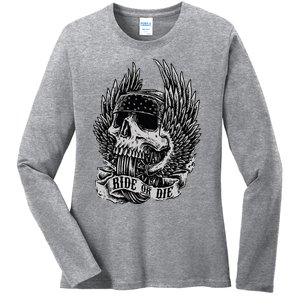 Ride Or Die Biker Skull And Winged Wheel Ladies Long Sleeve Shirt