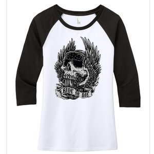 Ride Or Die Biker Skull And Winged Wheel Women's Tri-Blend 3/4-Sleeve Raglan Shirt