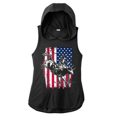 Rodeo Bull Rider American Flag Ladies PosiCharge Tri-Blend Wicking Draft Hoodie Tank