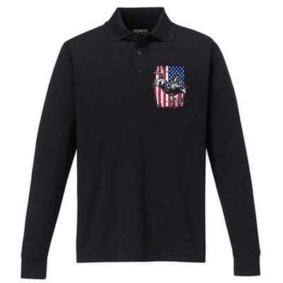 Rodeo Bull Rider American Flag Performance Long Sleeve Polo