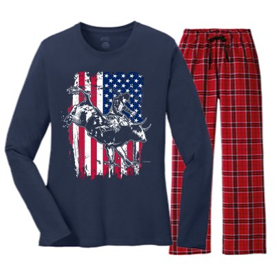 Rodeo Bull Rider American Flag Women's Long Sleeve Flannel Pajama Set 