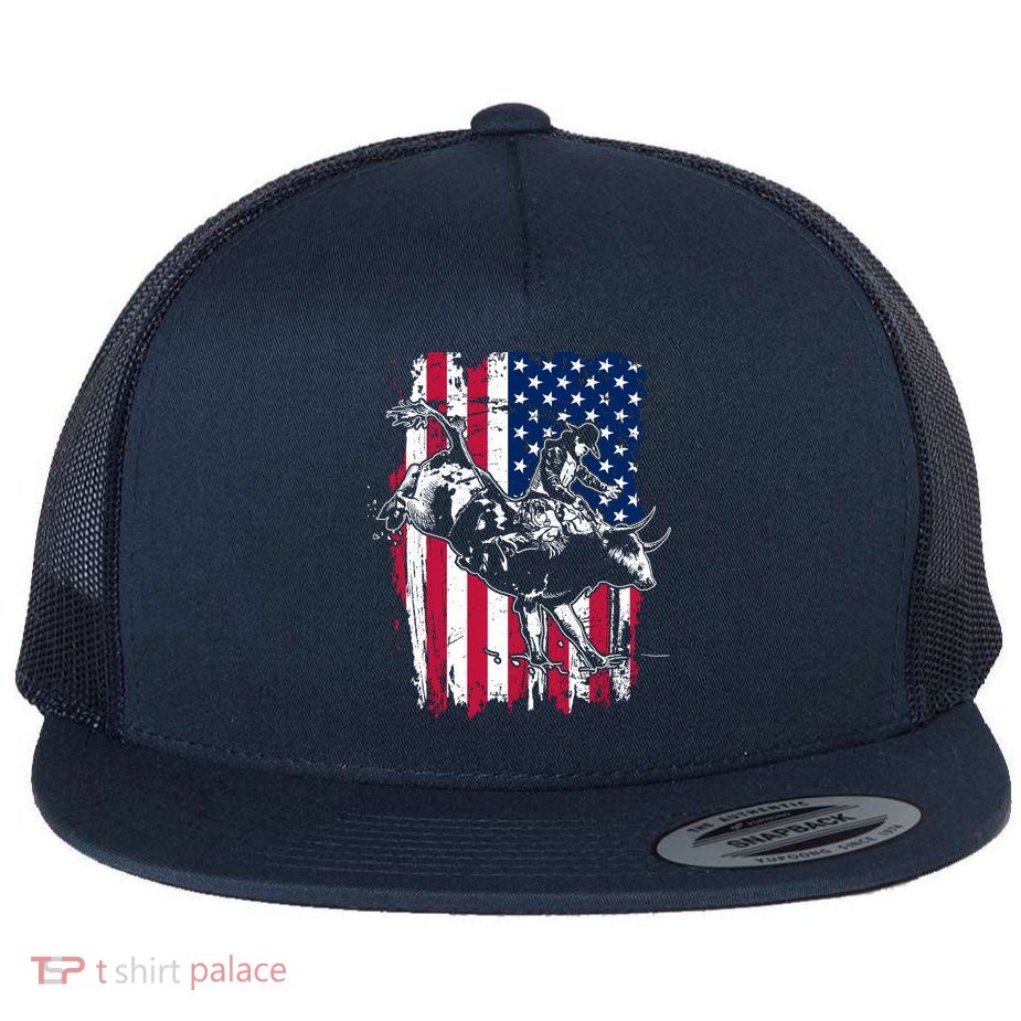 Rodeo Bull Rider American Flag Flat Bill Trucker Hat