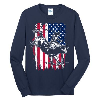 Rodeo Bull Rider American Flag Tall Long Sleeve T-Shirt