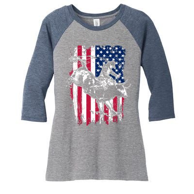 Rodeo Bull Rider American Flag Women's Tri-Blend 3/4-Sleeve Raglan Shirt