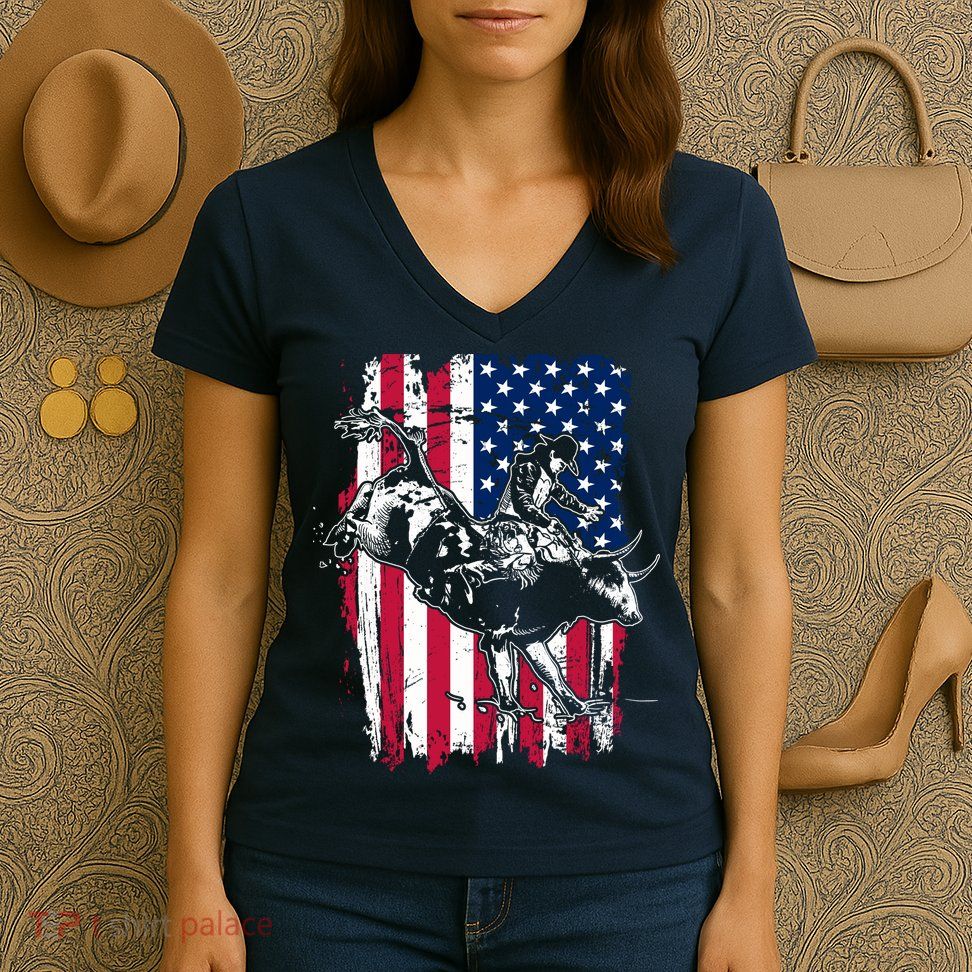 Rodeo Bull Rider American Flag Women's V-Neck T-Shirt