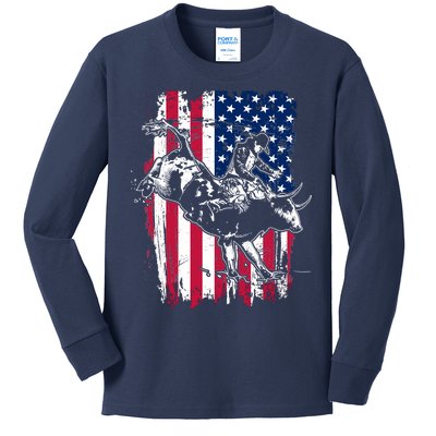 Rodeo Bull Rider American Flag Kids Long Sleeve Shirt