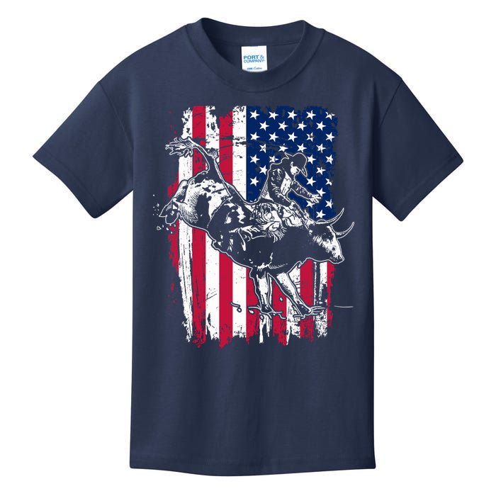 Rodeo Bull Rider American Flag Kids T-Shirt