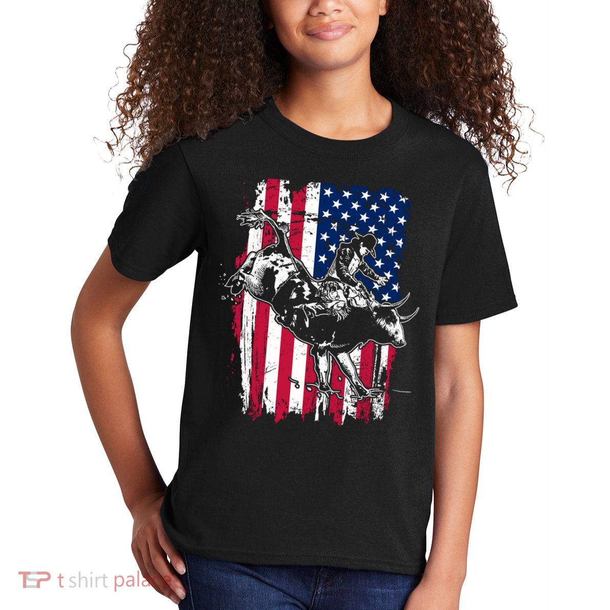 Rodeo Bull Rider American Flag Kids T-Shirt