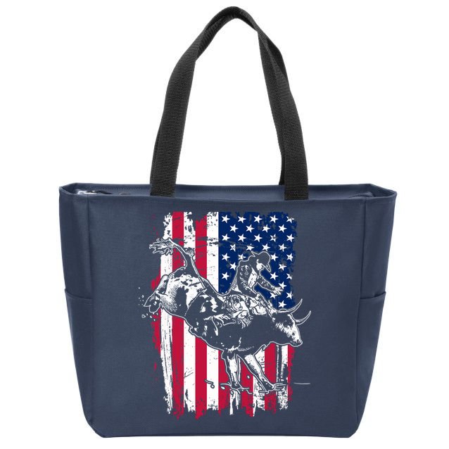 Rodeo Bull Rider American Flag Zip Tote Bag