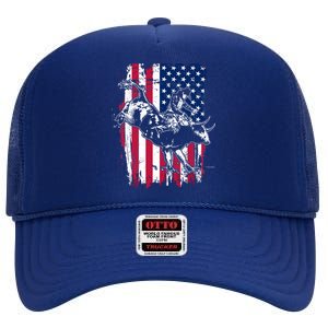 Rodeo Bull Rider American Flag High Crown Mesh Back Trucker Hat