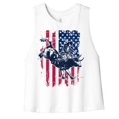 Rodeo Bull Rider American Flag Women's Racerback Cropped Tank