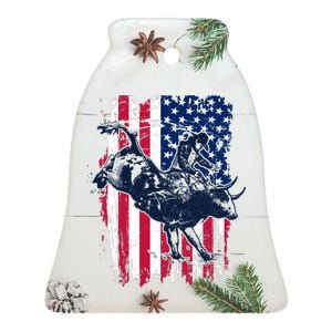 Rodeo Bull Rider American Flag Ceramic Bell Ornament