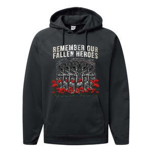 Remember Our Fallen Heroes Red Poppy Soldier Performance Fleece Hoodie