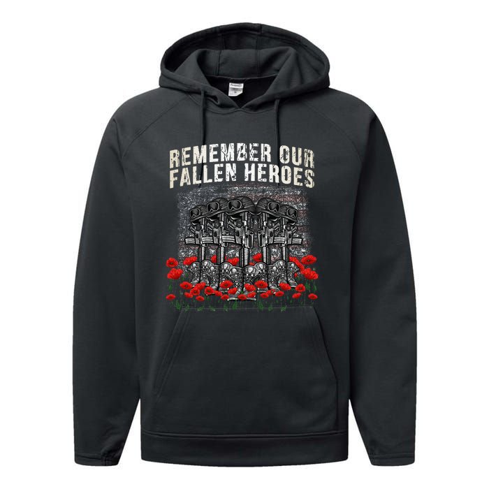 Remember Our Fallen Heroes Red Poppy Soldier Performance Fleece Hoodie