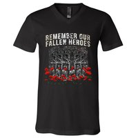 Remember Our Fallen Heroes Red Poppy Soldier V-Neck T-Shirt