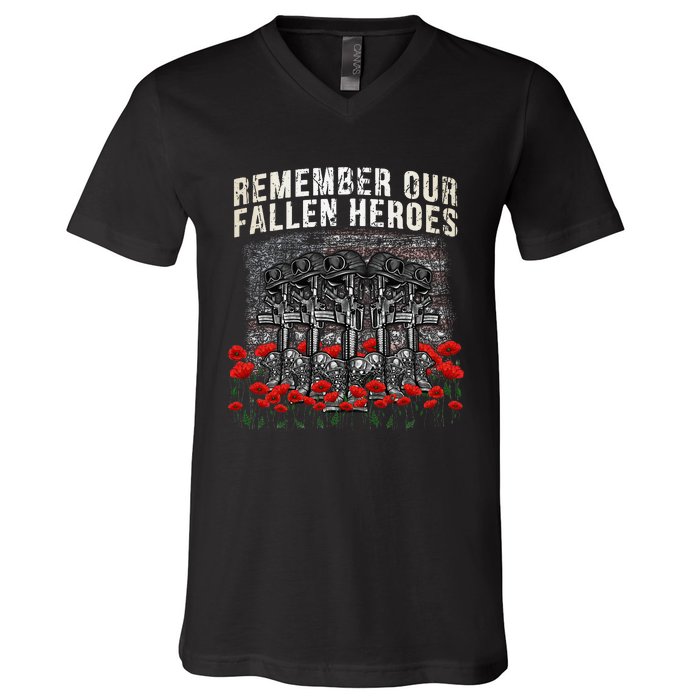 Remember Our Fallen Heroes Red Poppy Soldier V-Neck T-Shirt