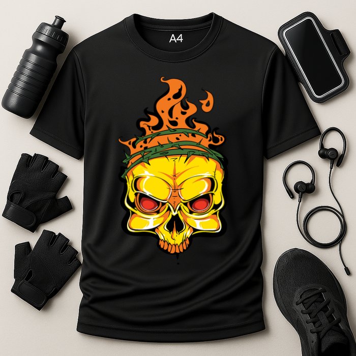 Rage Of Fire Faming Skull Creepy Skeleton Performance Shirt