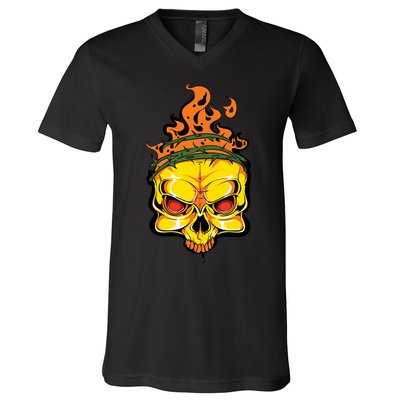 Rage Of Fire Faming Skull Creepy Skeleton V-Neck T-Shirt
