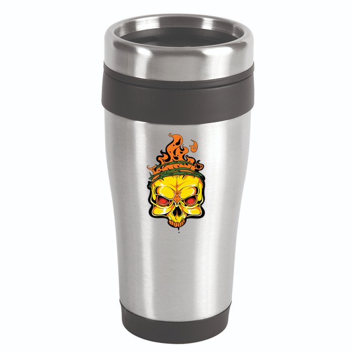 Rage Of Fire Faming Skull Creepy Skeleton 16oz Travel Tumbler