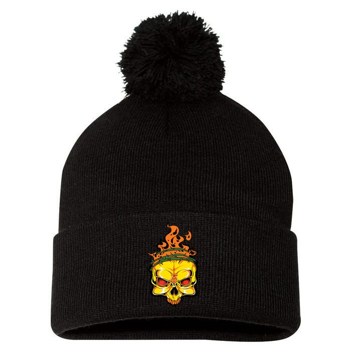 Rage Of Fire Faming Skull Creepy Skeleton Pom Pom 12in Knit Beanie
