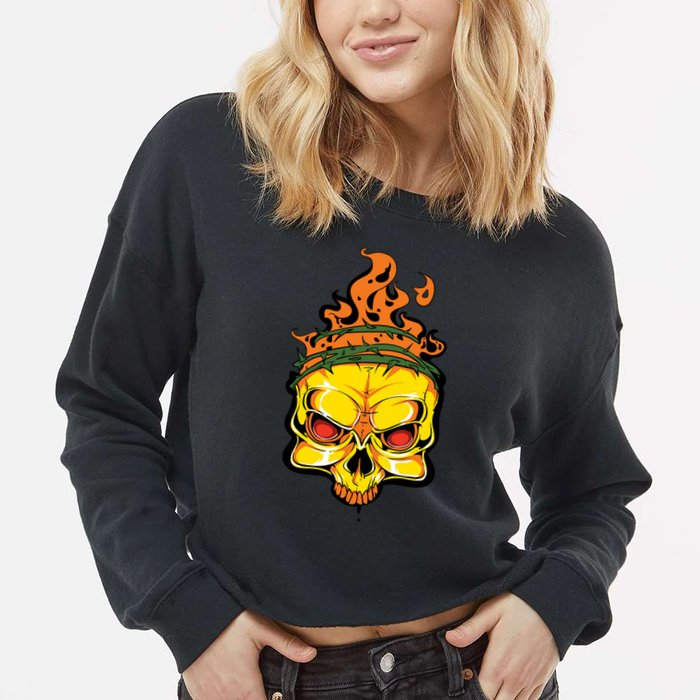 Rage Of Fire Faming Skull Creepy Skeleton Cropped Pullover Crew