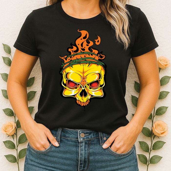 Rage Of Fire Faming Skull Creepy Skeleton Womens T-Shirt