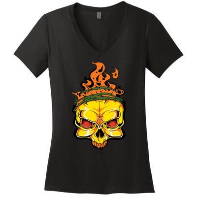 Rage Of Fire Faming Skull Creepy Skeleton Women's V-Neck T-Shirt