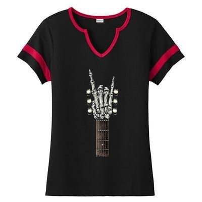 Rock On Guitar Neck With A Sweet Rock & Roll Skeleton Hand Ladies Halftime Notch Neck Tee