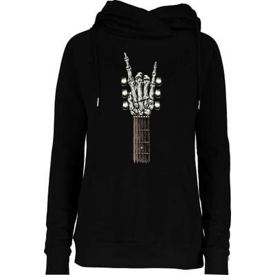 Rock On Guitar Neck With A Sweet Rock & Roll Skeleton Hand Womens Funnel Neck Pullover Hood