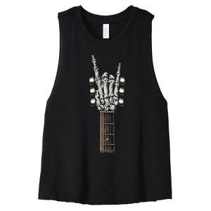 Rock On Guitar Neck With A Sweet Rock & Roll Skeleton Hand Women's Racerback Cropped Tank