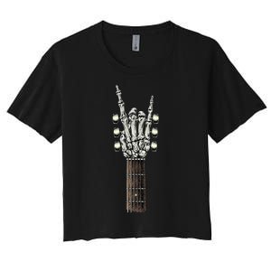 Rock On Guitar Neck With A Sweet Rock & Roll Skeleton Hand Women's Crop Top Tee