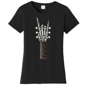 Rock On Guitar Neck With A Sweet Rock & Roll Skeleton Hand Women's T-Shirt