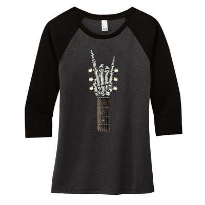 Rock On Guitar Neck With A Sweet Rock & Roll Skeleton Hand Women's Tri-Blend 3/4-Sleeve Raglan Shirt