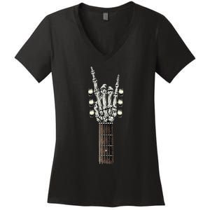 Rock On Guitar Neck With A Sweet Rock & Roll Skeleton Hand Women's V-Neck T-Shirt