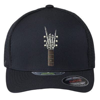 Rock On Guitar Neck Rock And Roll Halloween Skeleton Hand Gift Flexfit Unipanel Trucker Cap