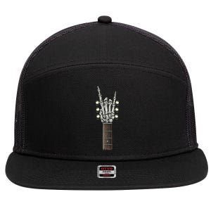 Rock On Guitar Neck Skeleton Hand Sign Rock And Roll Band Meaningful Gift 7 Panel Mesh Trucker Snapback Hat