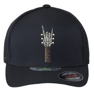 Rock On Guitar Neck Skeleton Hand Sign Rock And Roll Band Meaningful Gift Flexfit Unipanel Trucker Cap