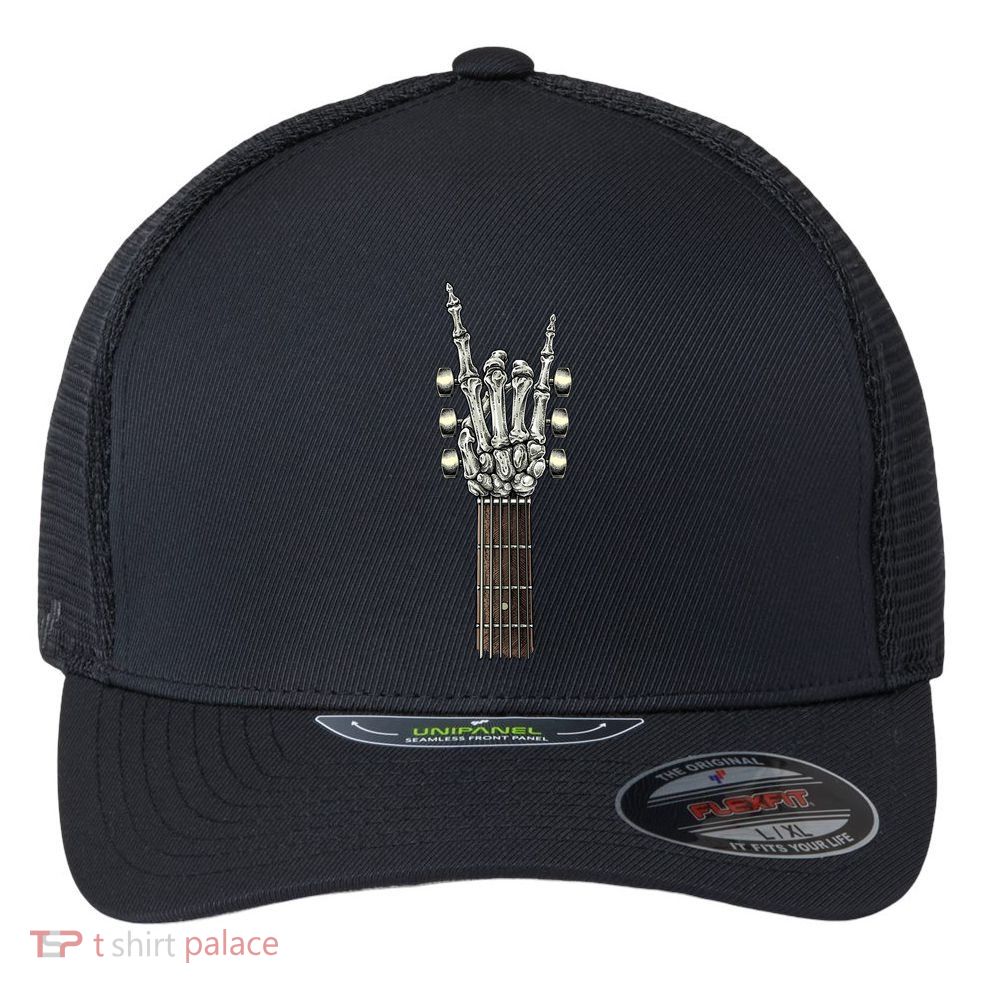 Rock On Guitar Neck Skeleton Hand Sign Rock And Roll Band Meaningful Gift Flexfit Unipanel Trucker Cap